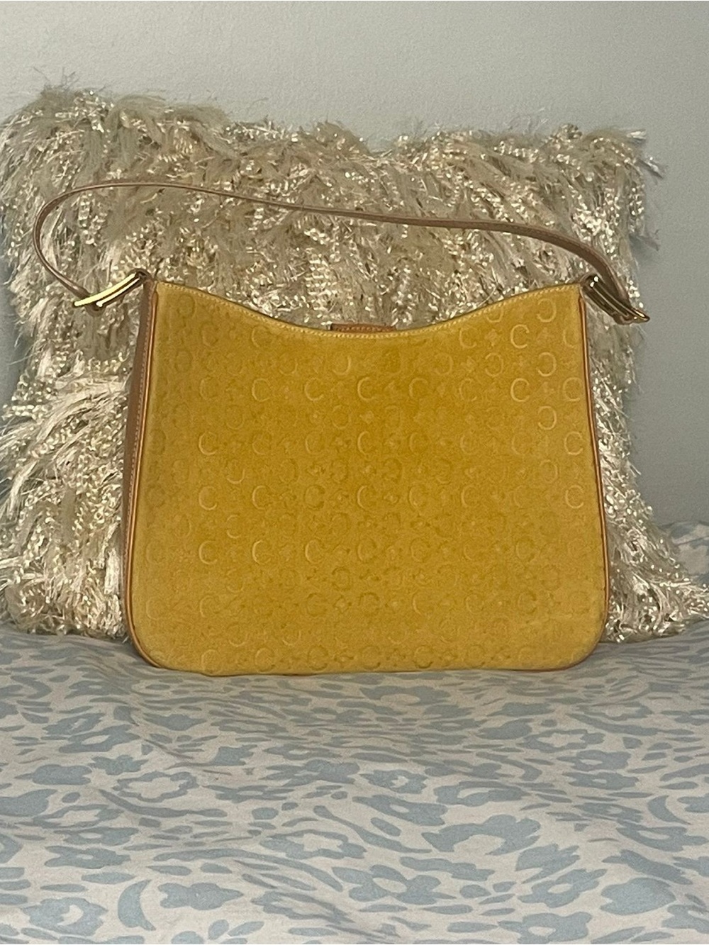 Authentic Celine Macadam Yellow Suede Shoulder Bag with Embossed C Pattern